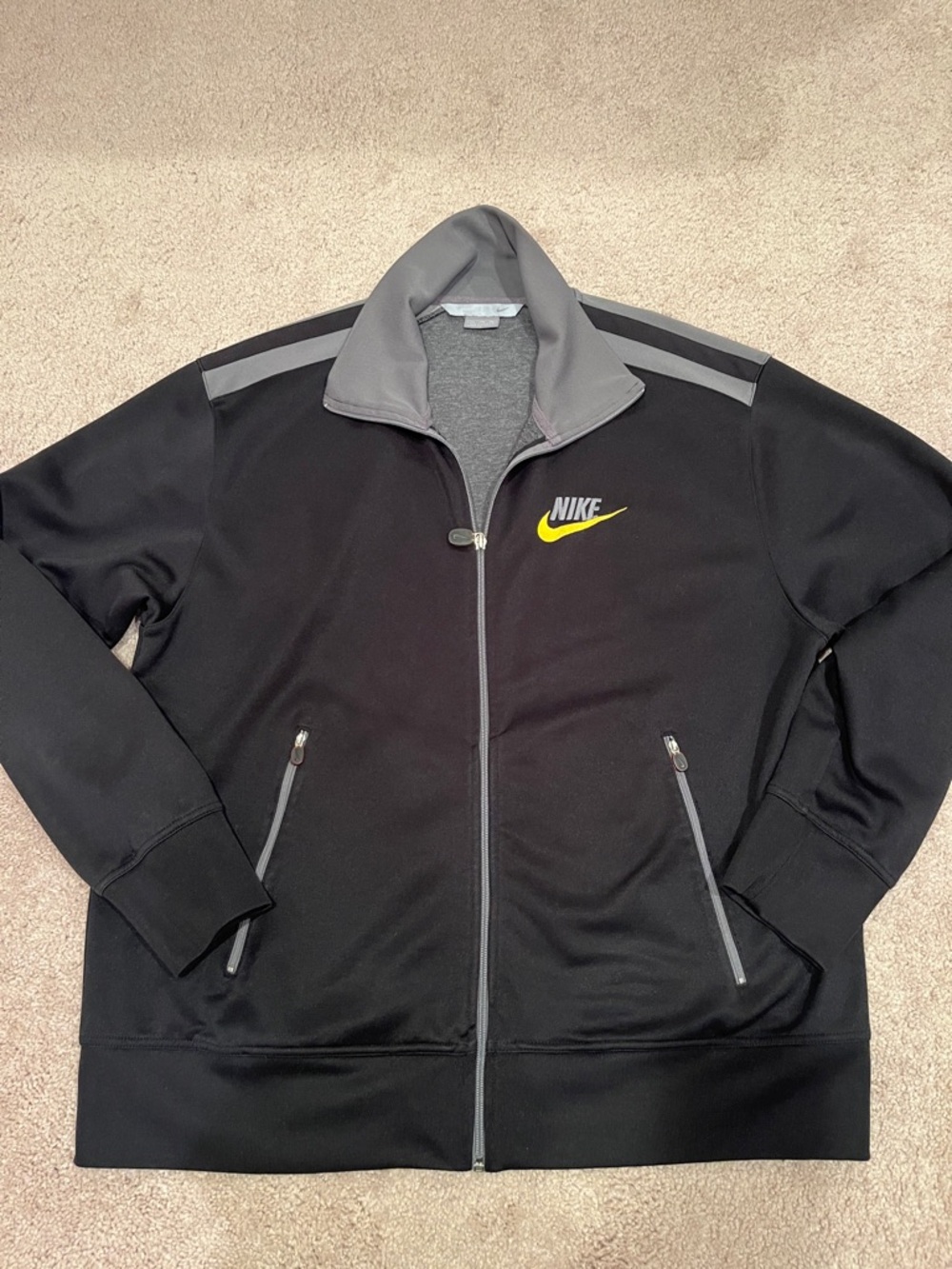 Nike Unisex Black Jacket with Gray Accents and Yellow Swoosh